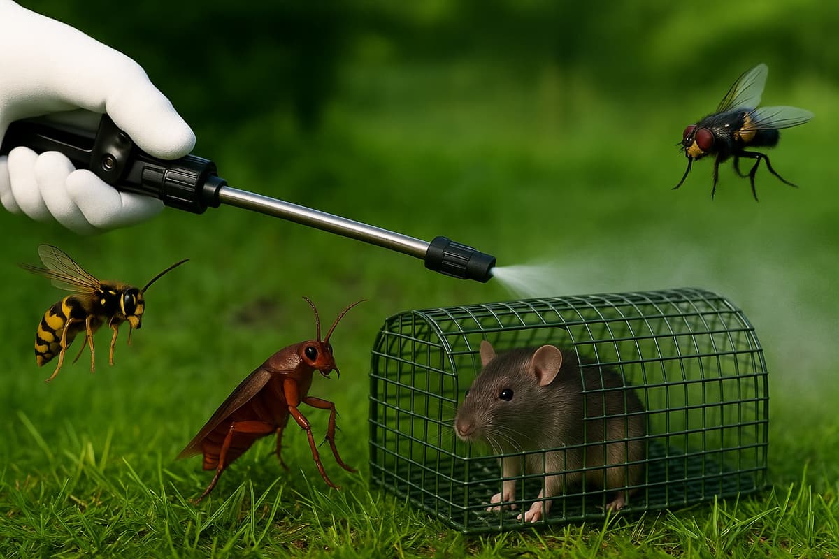 Növényzetben mászó kártevők, háttérben egy permetezőt tartó kéz